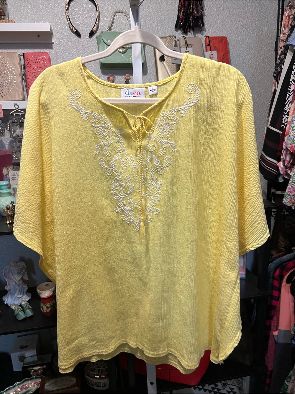 Denim&Co Yellow Embroidered Tie-Neck Blouse